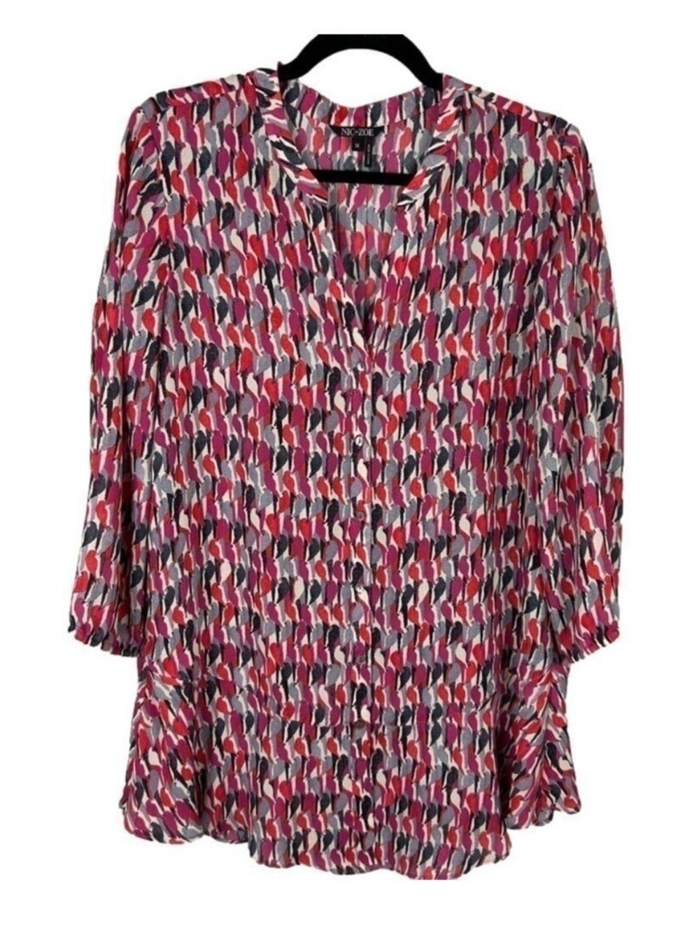 Nic + Zoe Bird Printed Long Sleeve Button Down Tunic Top Medium Red Grey